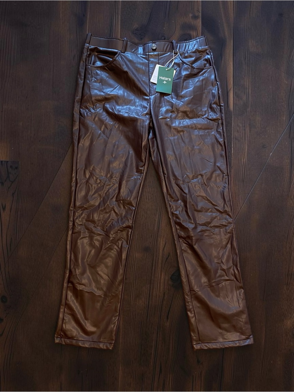 Mid Rise Stretchy PU Fleece 7/8 Casual Tapered Pants with Pockets